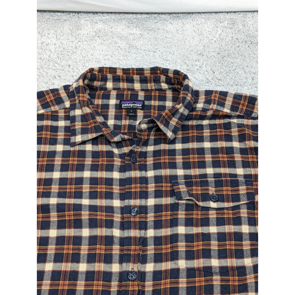 Patagonia Men's Organic Cotton Flannel Shirt Large Navy‎ Rust Plaid Long Sleeve